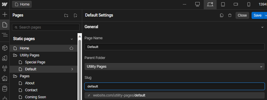 webflow page slug setting
